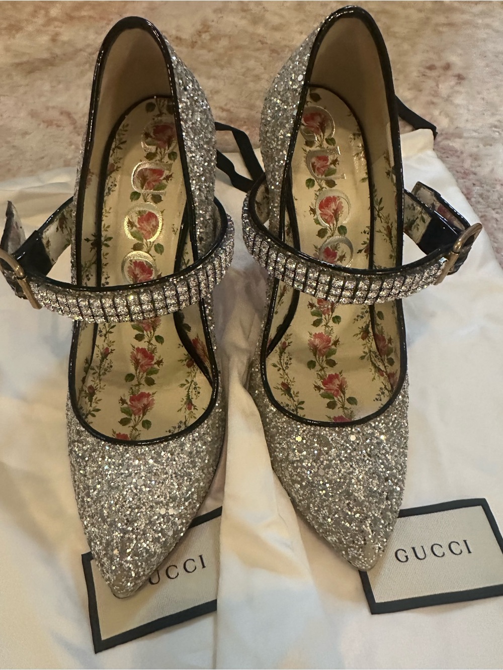 Gucci Silver Glitter Pointed Mary Jane Flats with Rhinestone Strap